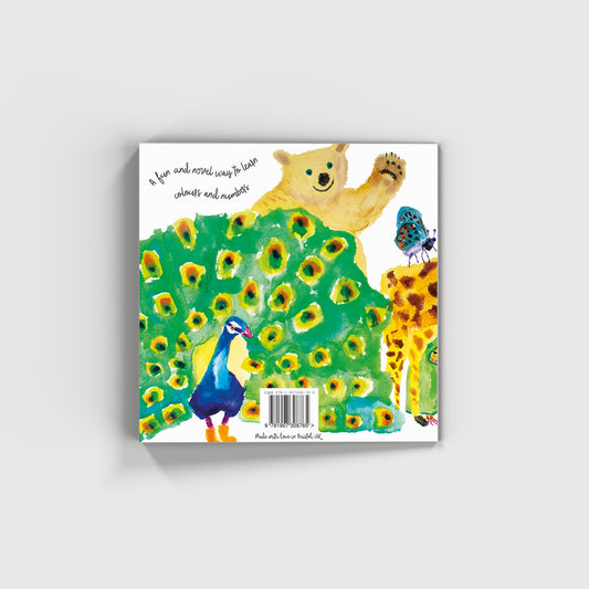 ''a fun and novel way to learn colours and numbers'' book with watercolour paintings of peacock, bear and butterfly