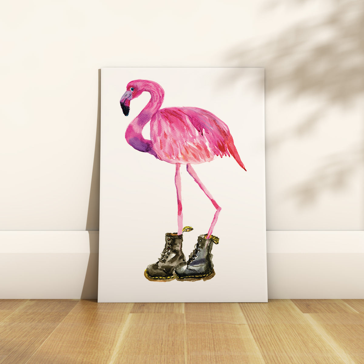 Rosie Webb a bristol based water colour illustrator. A pink flamingo in doc martens,