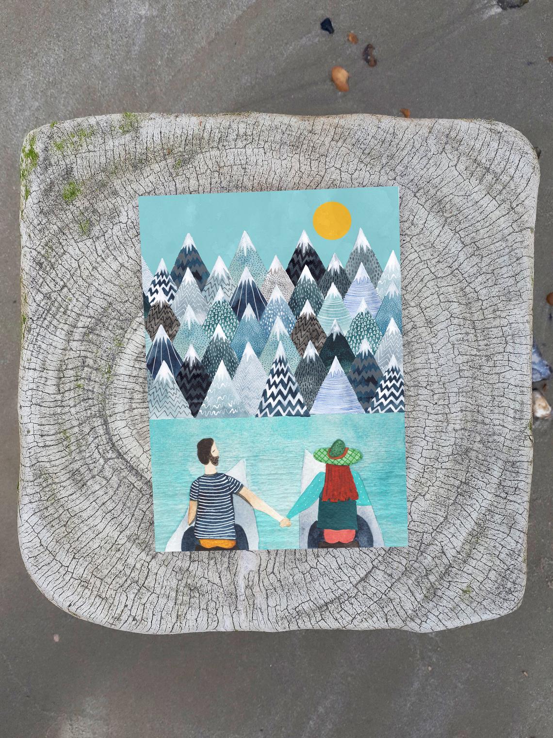 watercolour greetings card with couple in canoes looking at a lake and mountains