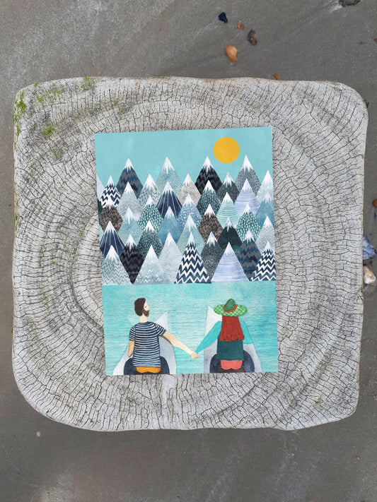 watercolour greetings card with couple in canoes looking at a lake and mountains