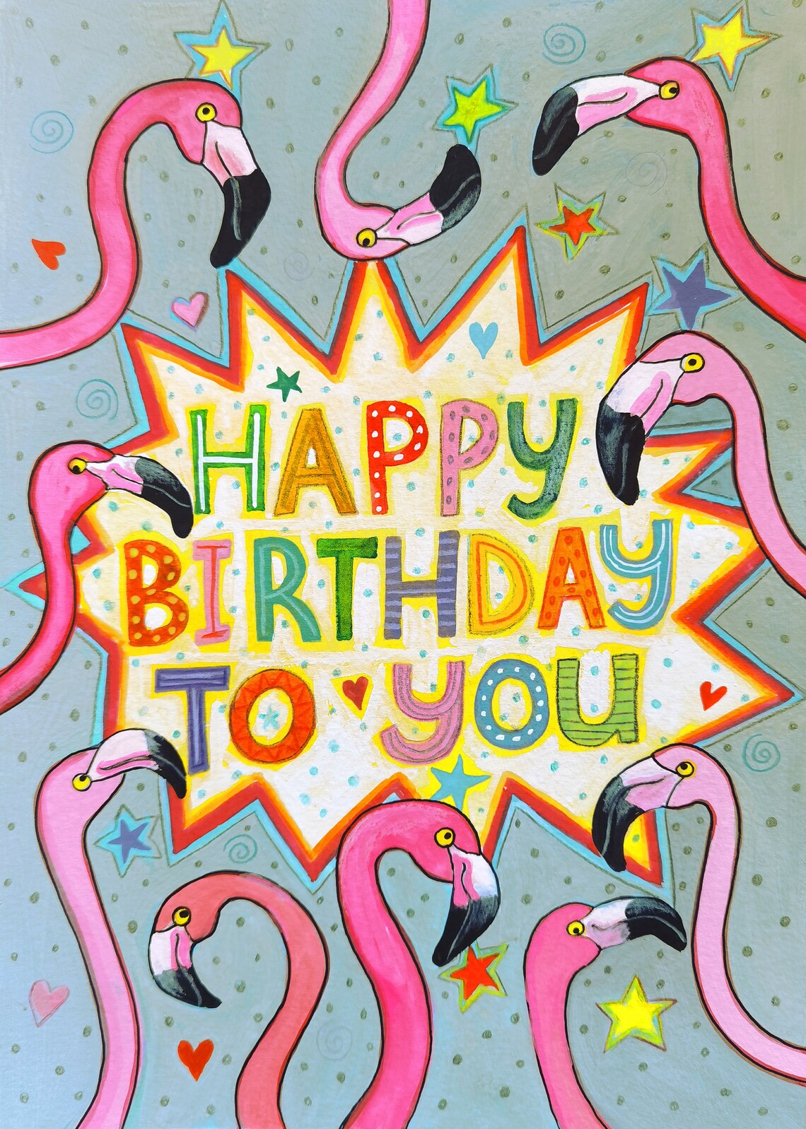 Happy birthday to you card with flamingos