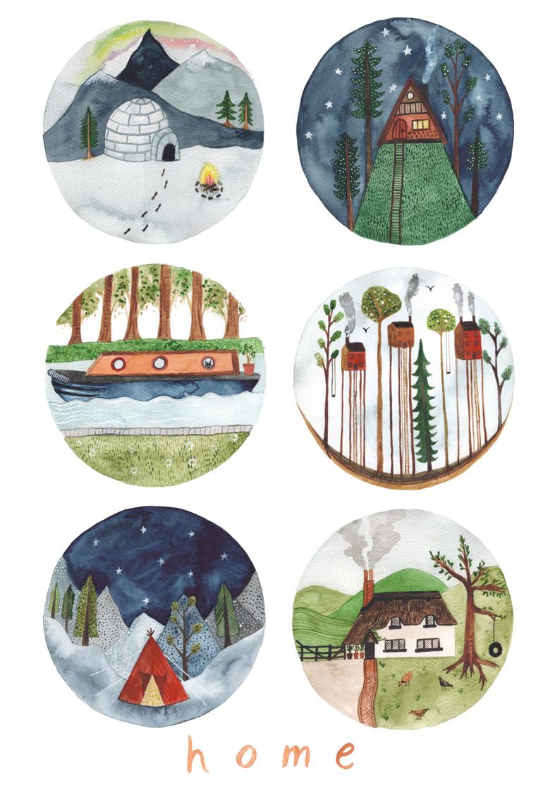 watercolour greetings card with homes of the world and the words ''home''
