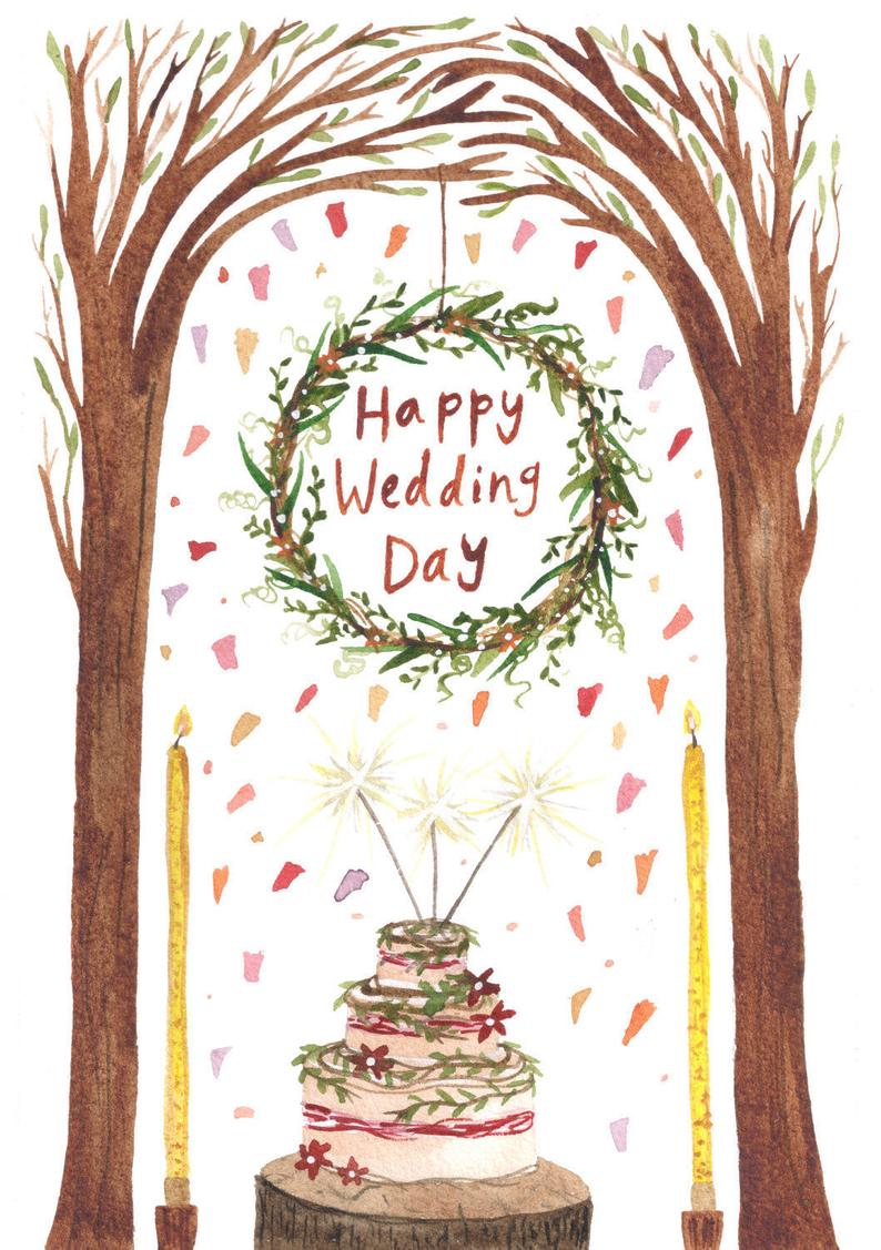 watercolour greetings card with cake, big candles, trees and a wreath with the words ''happy wedding day'' in