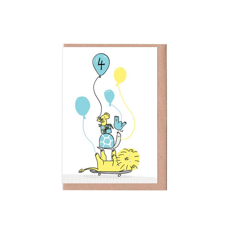 Sarah Ray Children's age 4 Card. Featuring a lion and his friends.