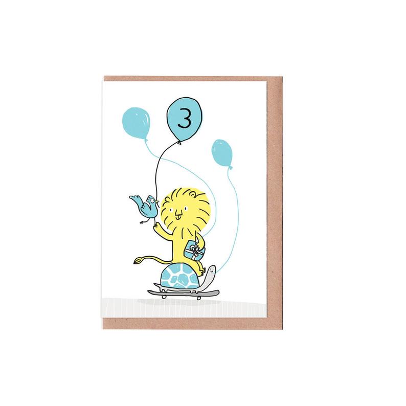 Sarah Ray Children's age birthday card. Featuring a lion and his friends.