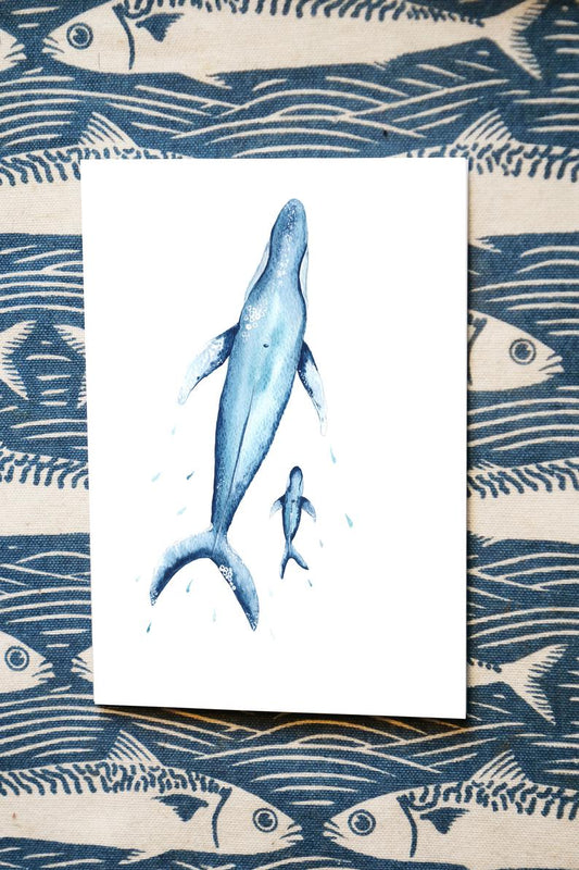 watercolour greetings card with a big mum whale and a baby whale