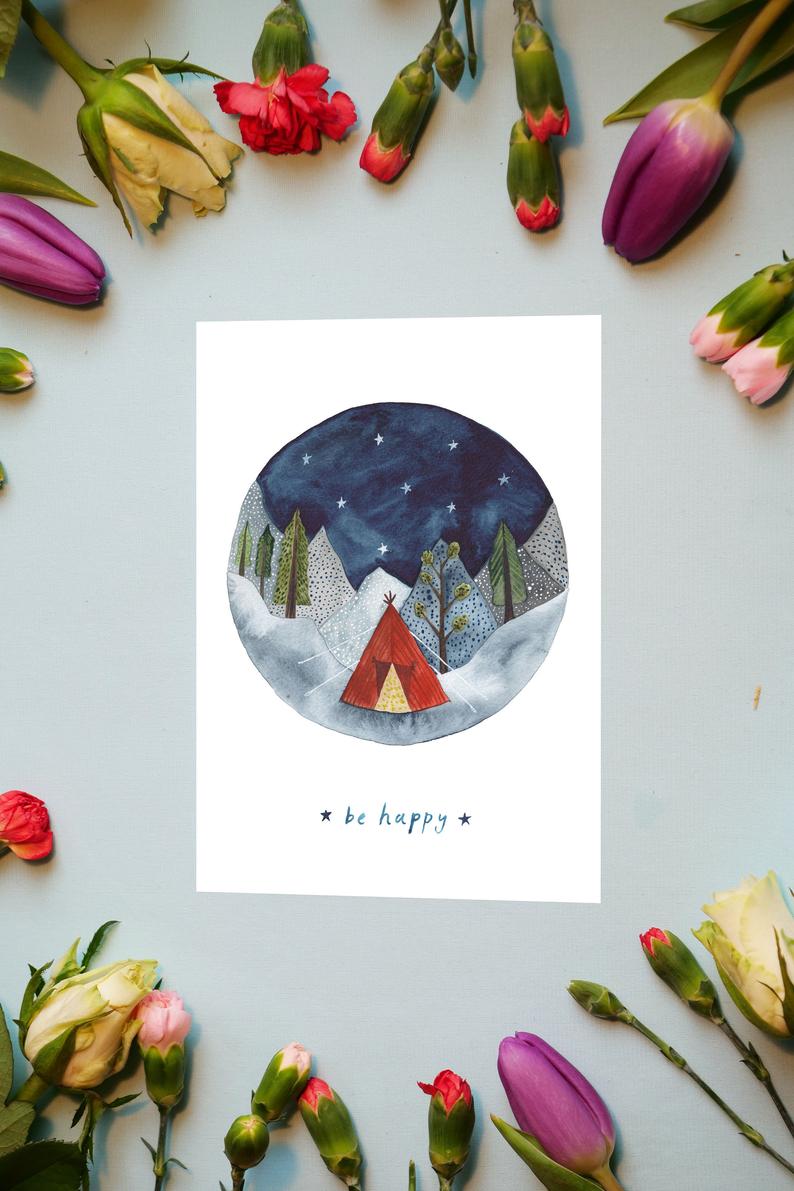 card with round watercolour of mountains dark sky and a tent with the words ''Be Happy''