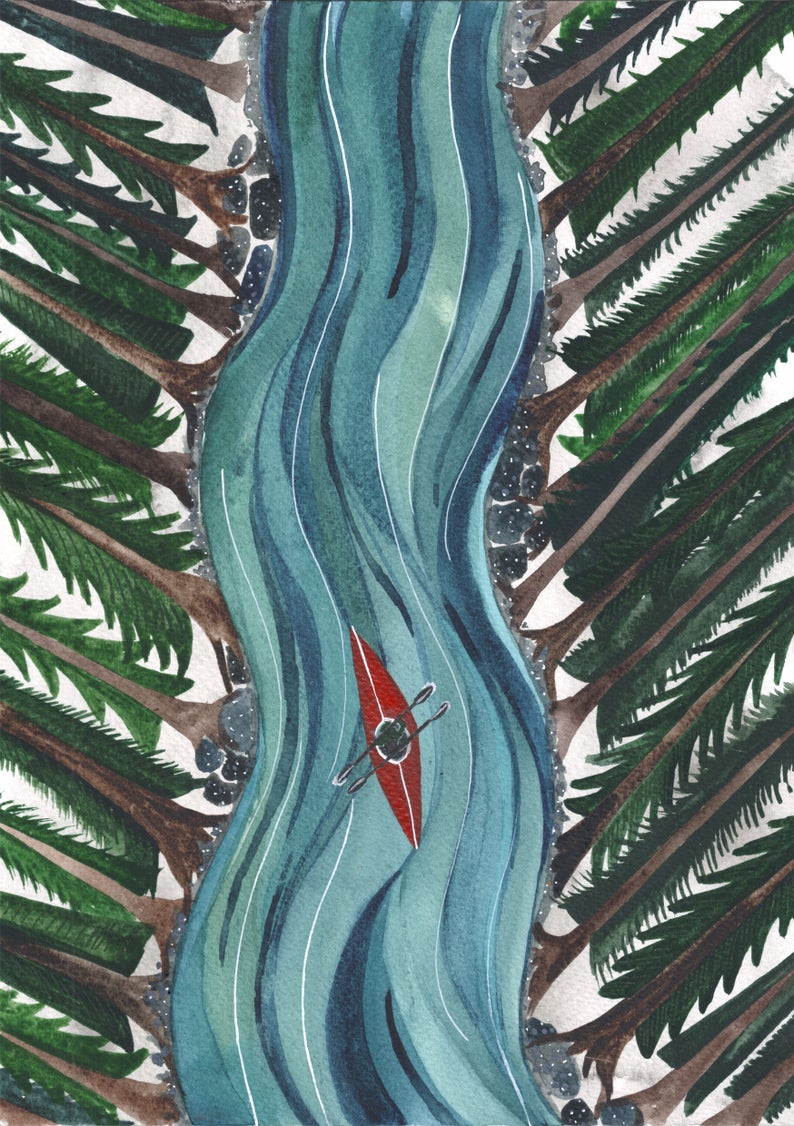 watercolour greetings card with kayak couple rowing down a river through a woodland