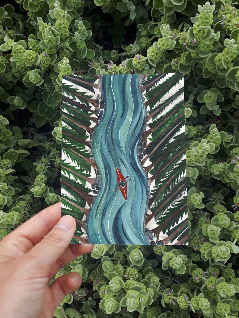 watercolour greetings card with kayak couple rowing down a river through a woodland
