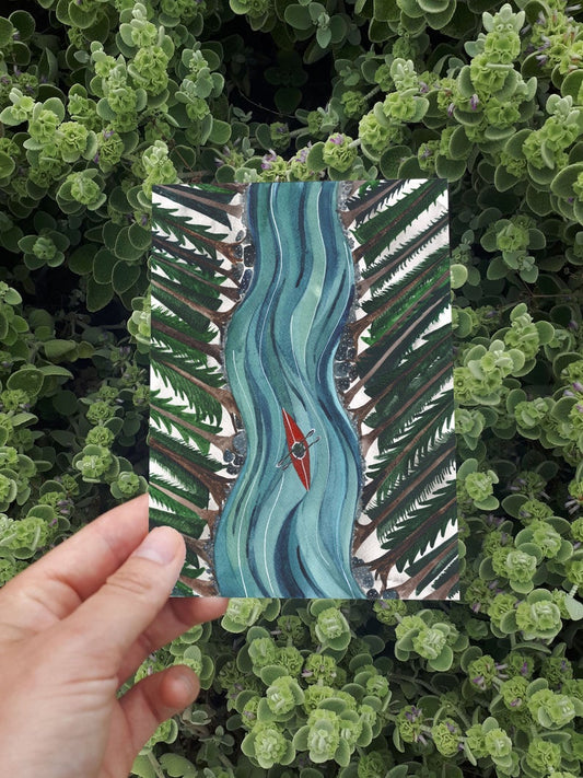watercolour greetings card with kayak couple rowing down a river through a woodland