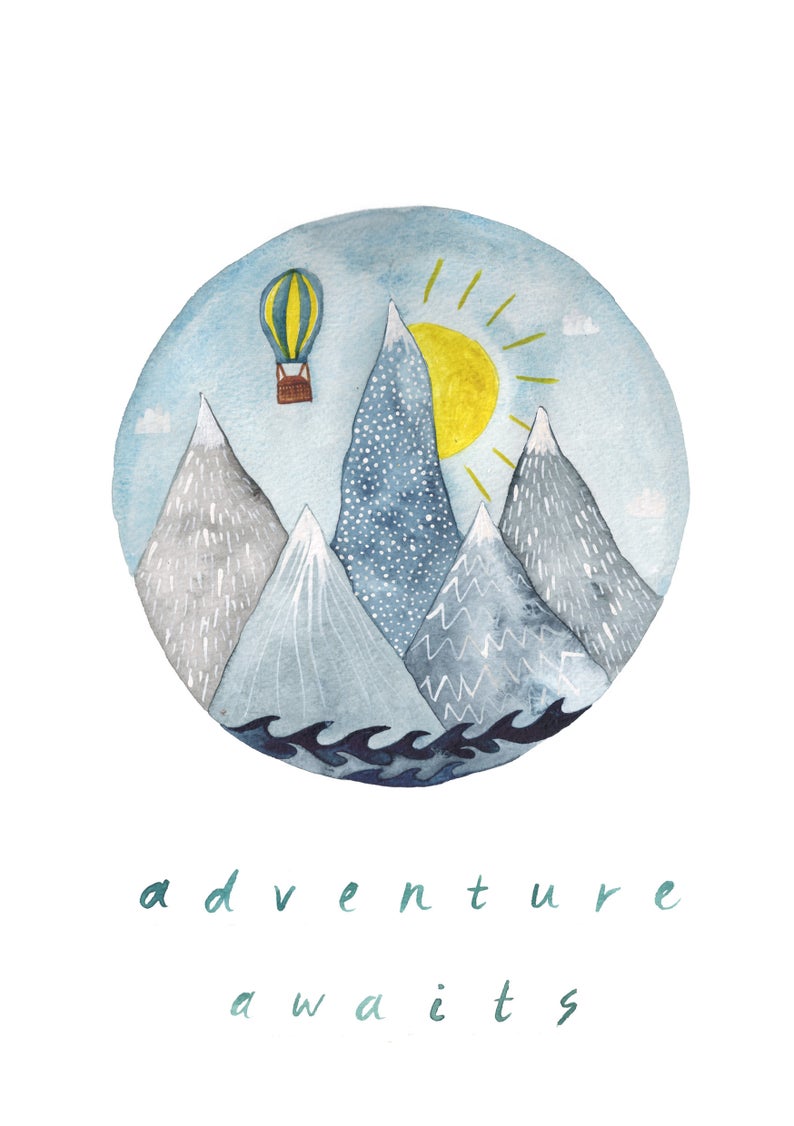 watercolour greetings card with mountains, sun, waves and a hot air balloon and the words ''adventure awaits''