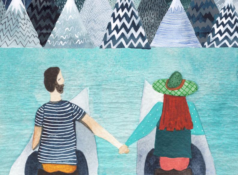 watercolour greetings card with couple in canoes looking at a lake and mountains