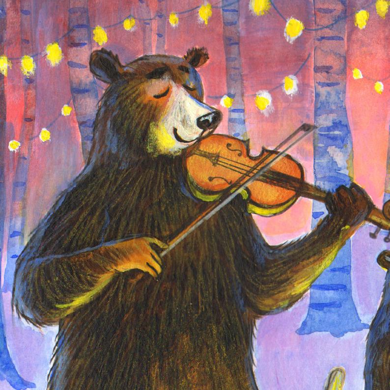 A magical scene of four bears playing musical instruments in the forest - crop to violin playing bear.