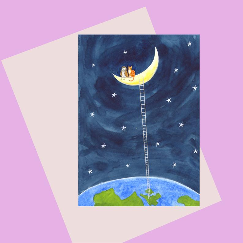 Colour illustration of and owl and cat on a crescent moon