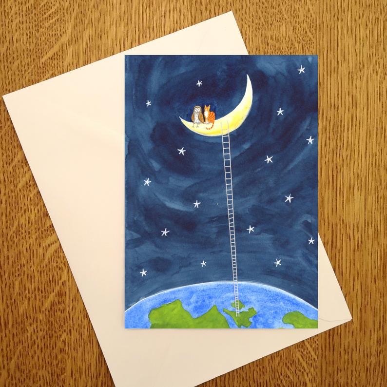 Colour illustration of and owl and cat on a crescent moon