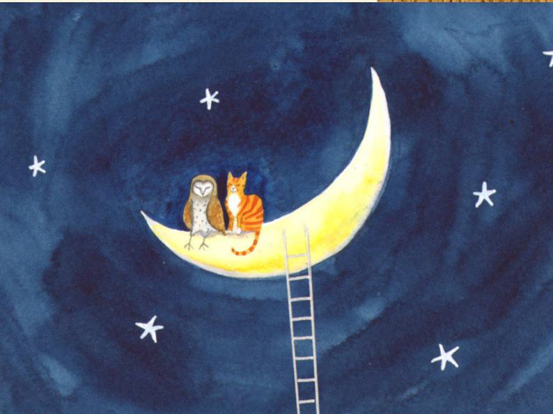 Colour illustration of and owl and cat on a crescent moon
