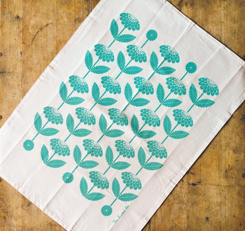 100% cotton, handprinted tea towels, Gingko leaf, flower pattern or fungi . Designed and made in Bristol Edit alt text