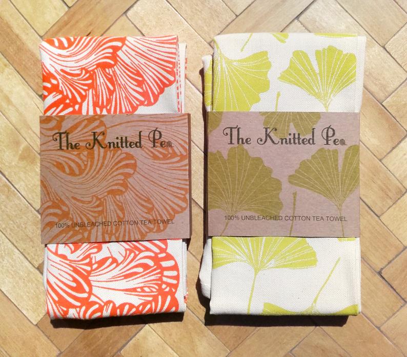 100% cotton, handprinted tea towels, Gingko leaf, flower pattern or fungi . Designed and made in Bristol Edit alt text