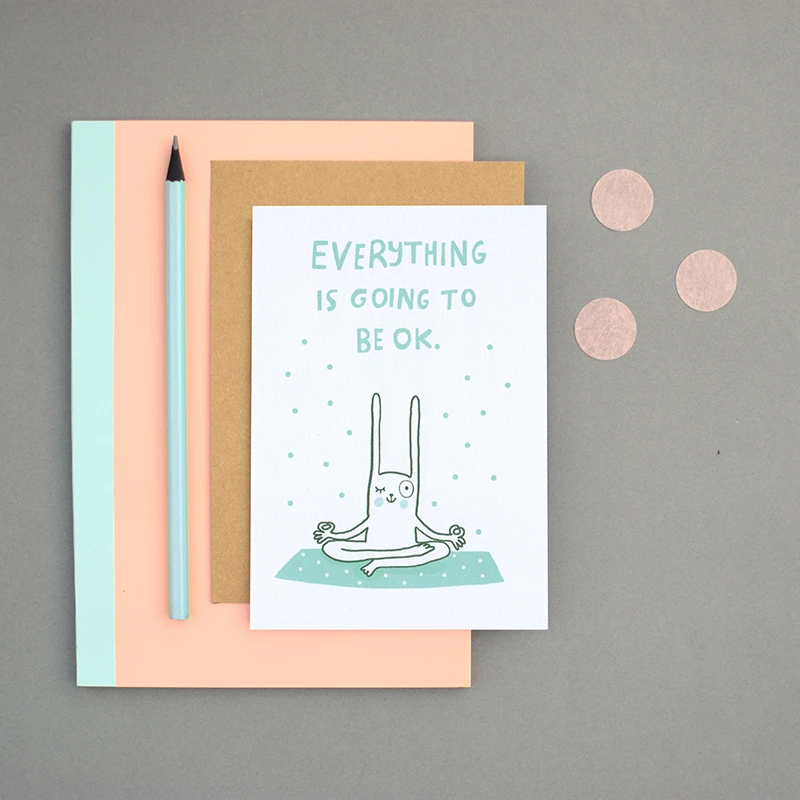 Sarah Ray Everything is going to be ok card. Rabbit meditating.