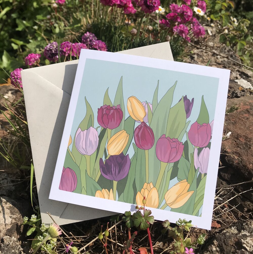 A card adorned with a digitally designed illustration of beautiful flowers, blank inside, 14 cm x 14cm.