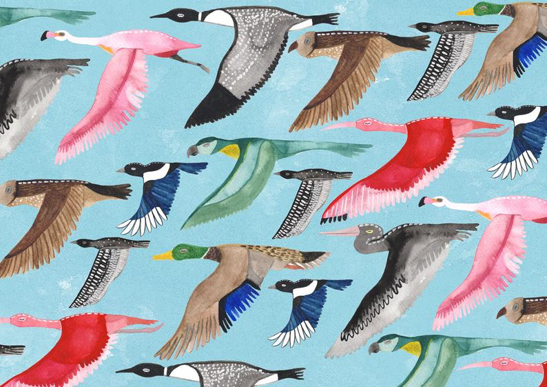 Hattie Buckwell, Flying Birds, Giclee print, handmade in Bristol.