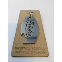 A metal keyring bottle opener with the Bristol Scroll lazered in the centre.