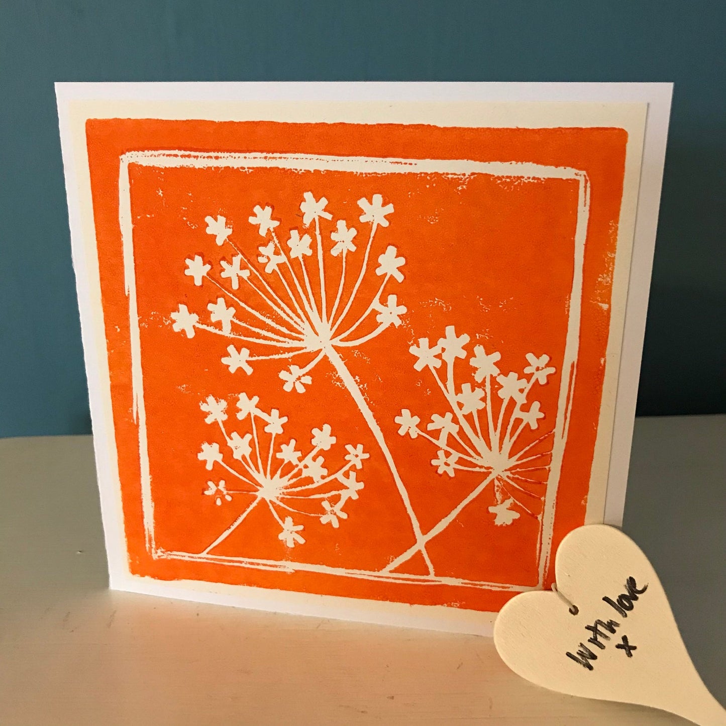 Hand printed Lino cut greeting card, single colour. Seed head design. Blank inside for your own special message.