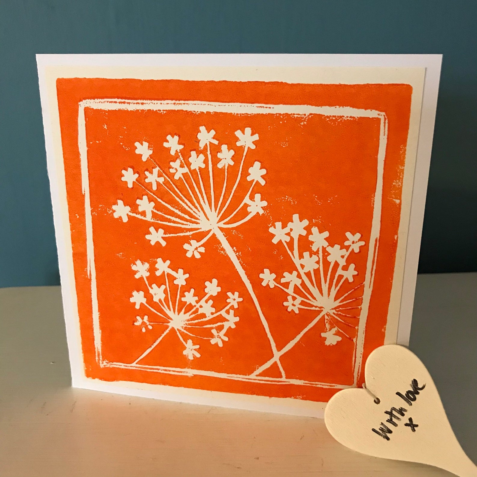 Hand printed Lino cut greeting card, single colour.  Seed head design.  Blank inside for your own special message.
