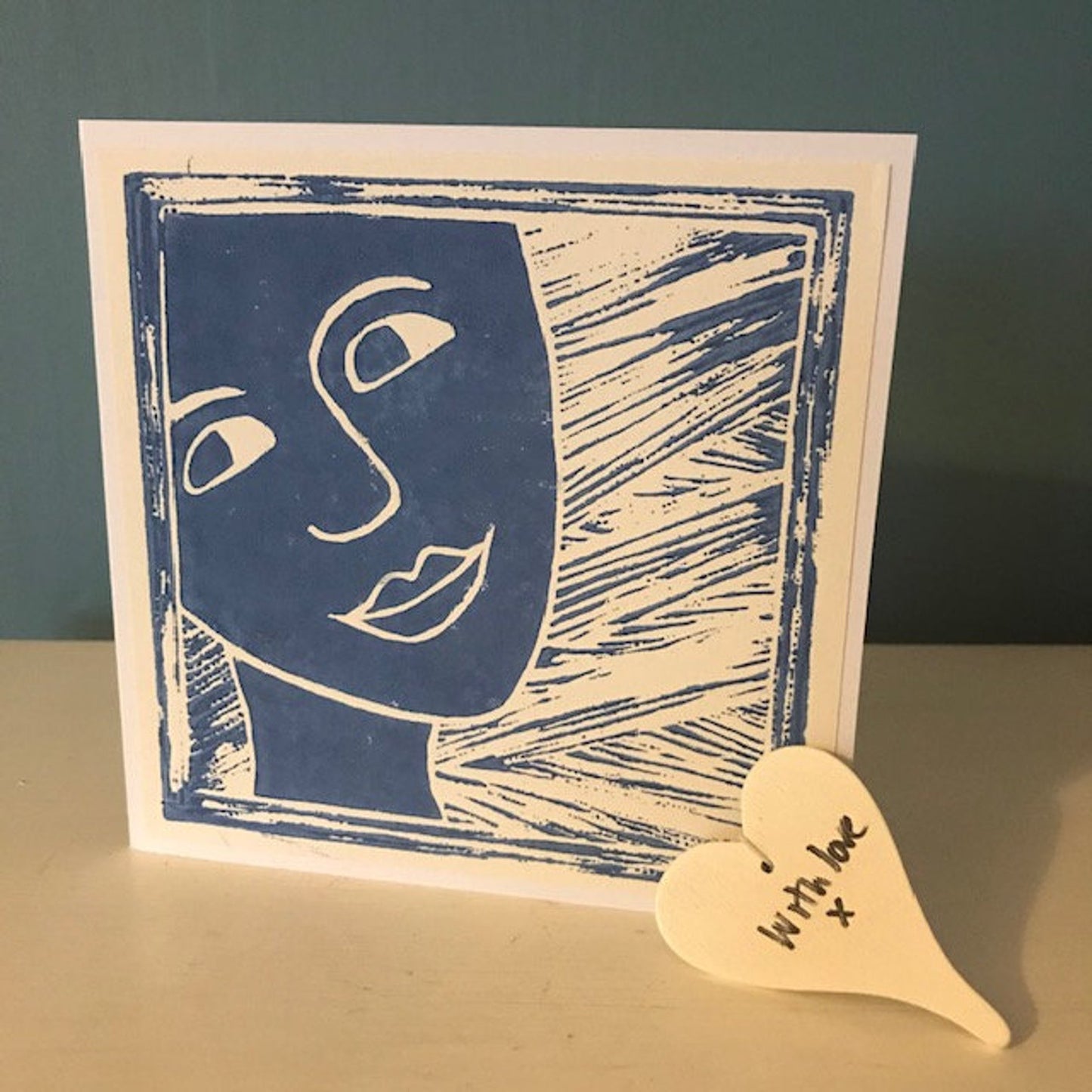 Face II Hand printed lino cut greeting card. Blank inside for your very own message.