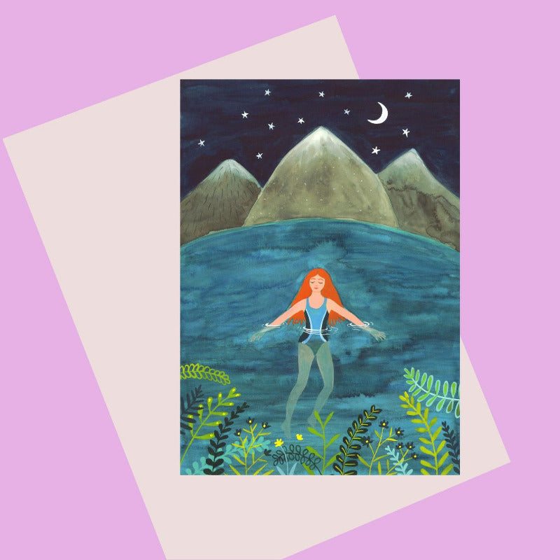 Laura Robertson Night Swimming card. A woman swimming at night in a lake.