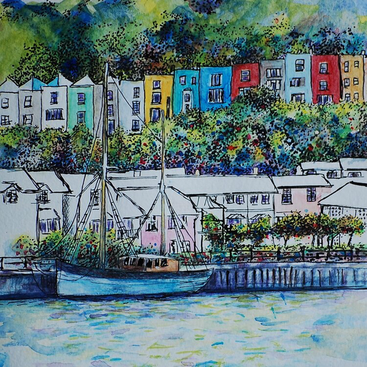 Viv Hunter Art Card  Vibrant colour painting of Bristol Baltic Wharf.