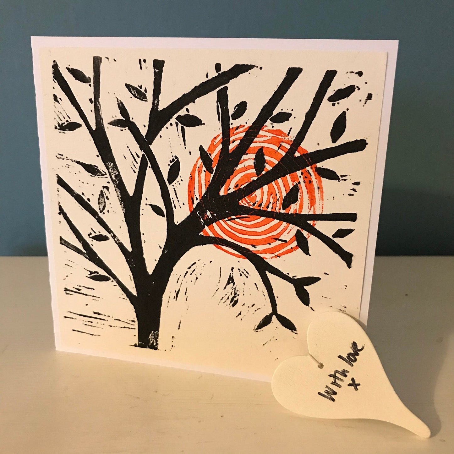 Tree with a red sun, this card a hand printed lino cut. Perfect greetings card for any occasion, blank inside for your own message.