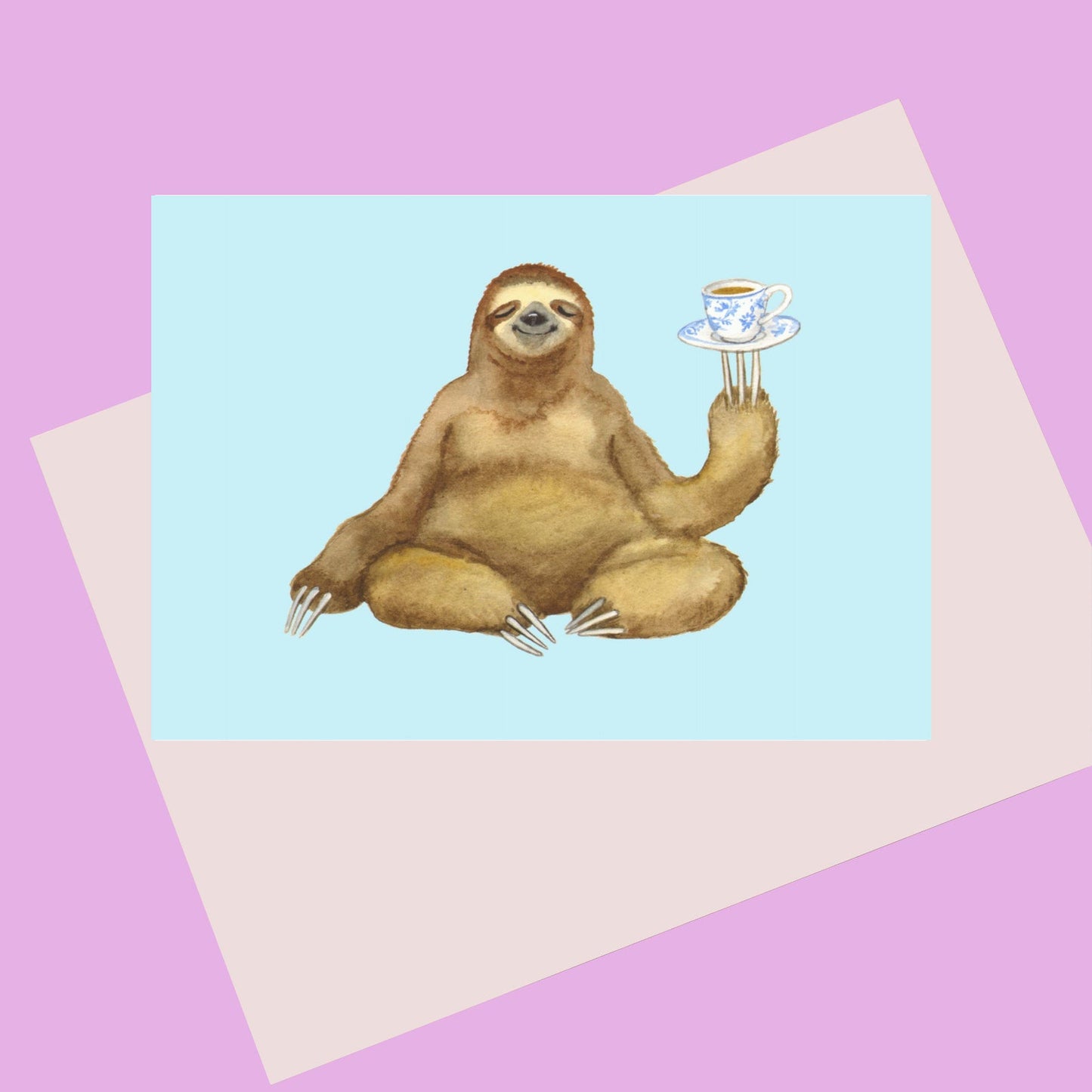 Keep Calm Sloth Card. A happy Sloth drinking a cup of tea. Perfect card for any occasion. Print from Original painting by Laura Robertson a Bristol artist.