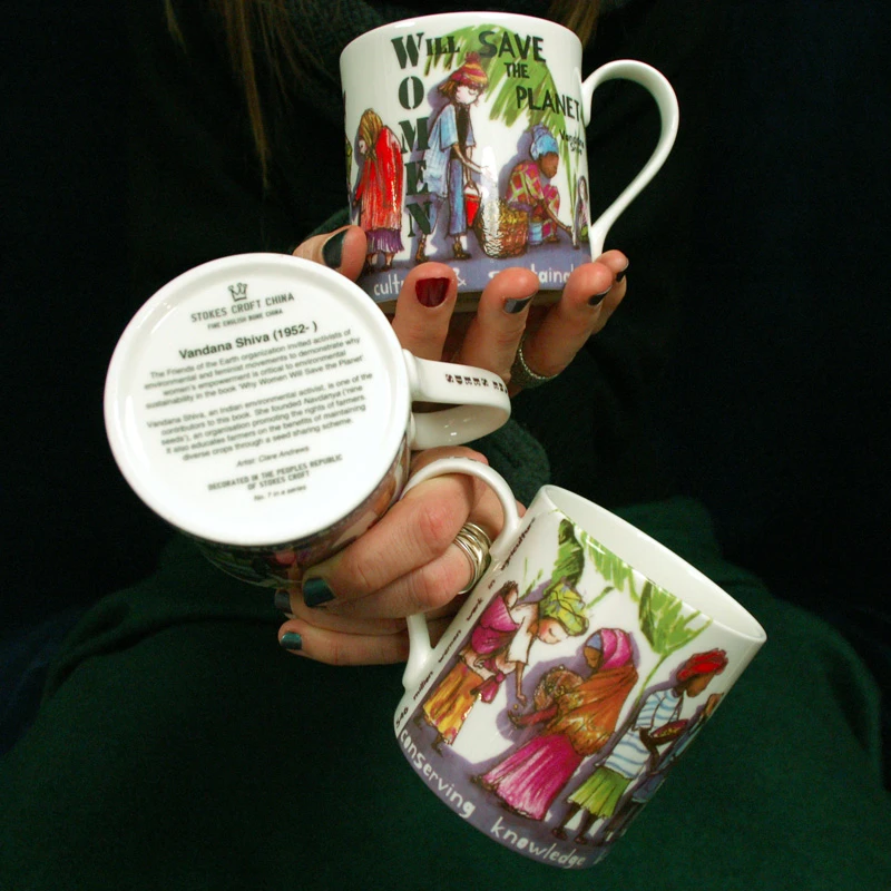 Women will save the planet mug, Vandana Shiva designed by Clare Andrews, made by Stokes Croft China in Bristol