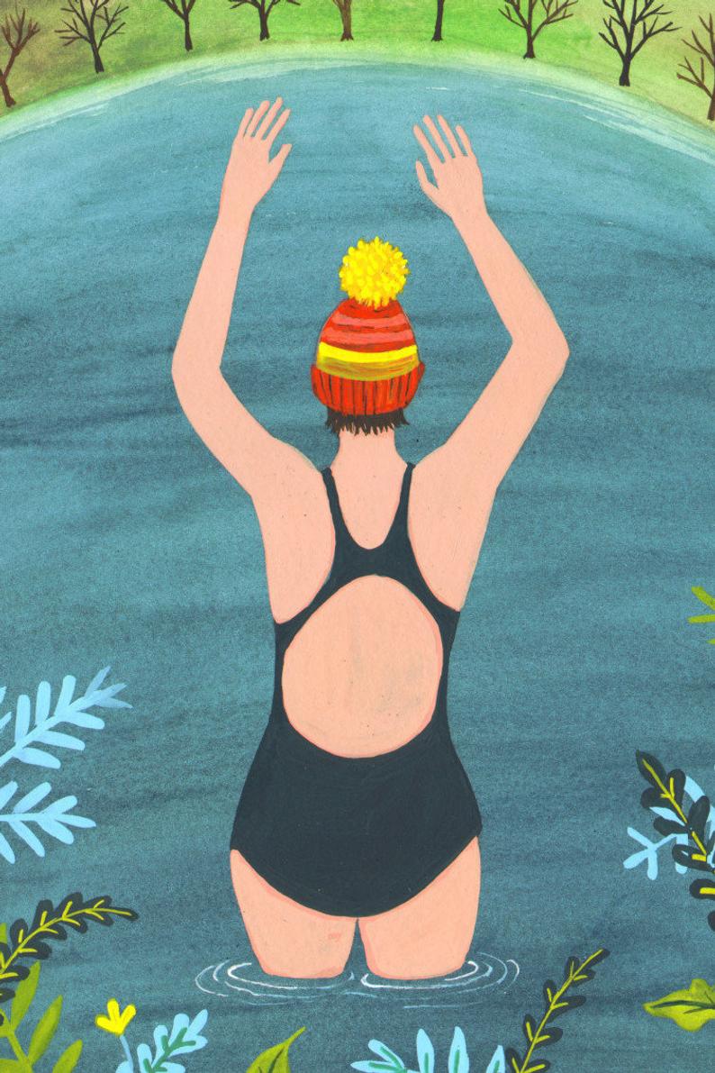 Laura Robertson Wild Swimming Woman Card. Woman in bathing suit and bobble hat, perfect for lovers of wild swimming.