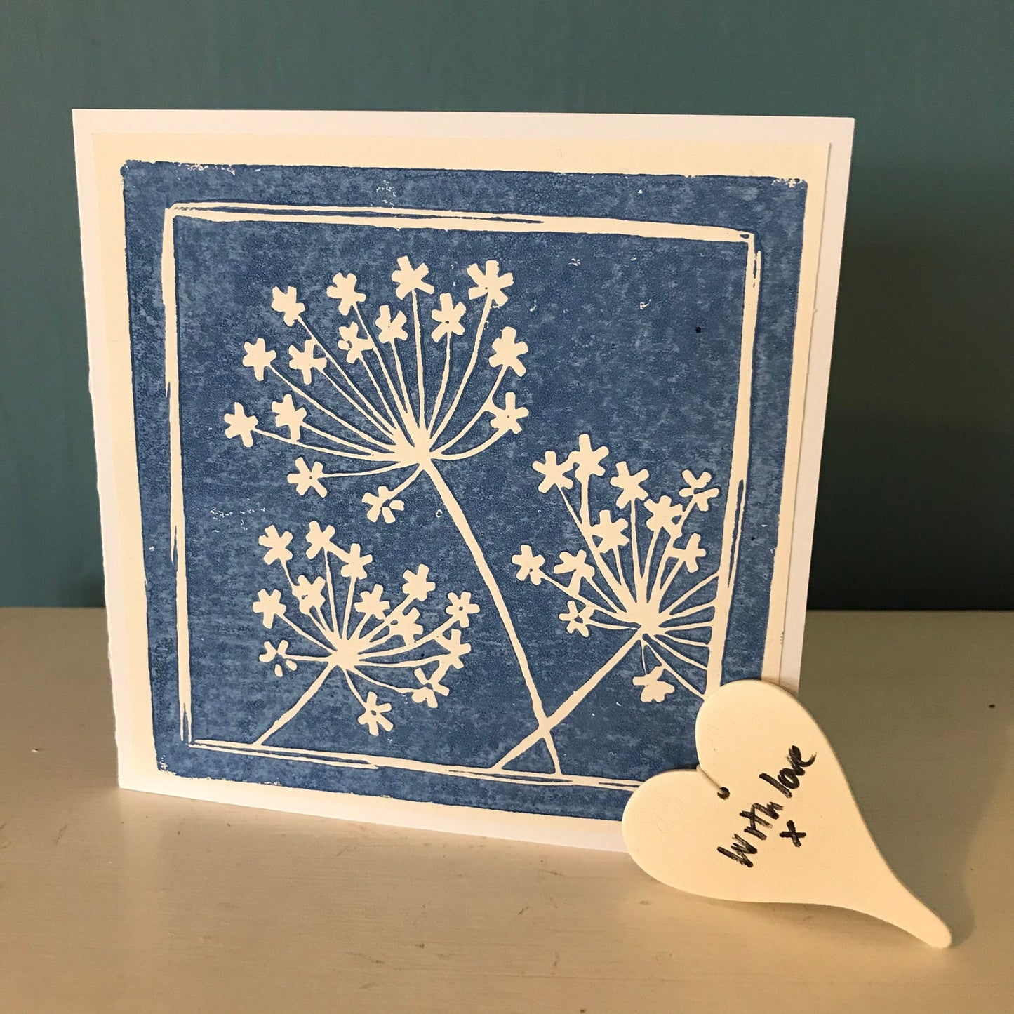 Hand printed Lino cut greeting card, single colour. Seed head design. Blank inside for your own special message.