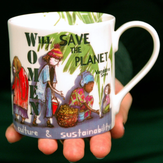 Women will save the planet mug, Vandana Shiva designed by Clare Andrews, made by Stokes Croft China in Bristol
