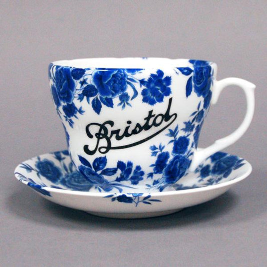 Bristol Blue Rose Tea cup and saucer made by Stokes Croft China in Bristol.