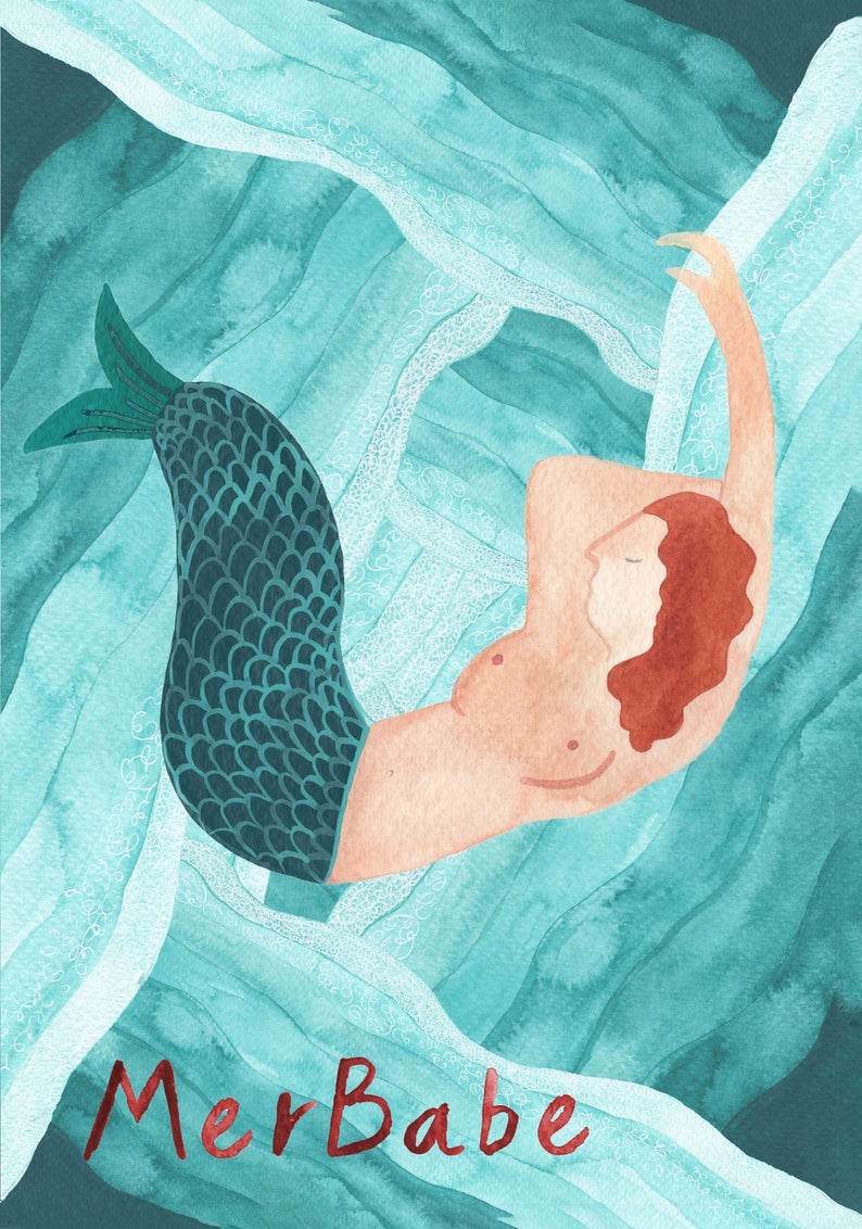 Hattie Buckwell a Bristol illustrator. Merbabe illustration greetings card, handmade in Bristol. Blank inside.
