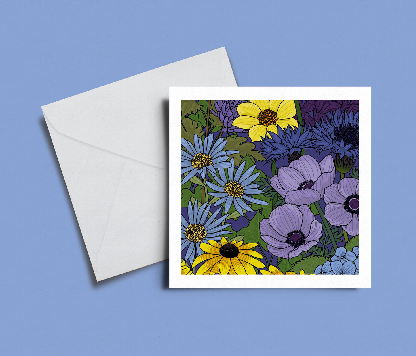 A card adorned with a digitally designed illustration of beautiful flowers, blank inside, 14 cm x 14cm.