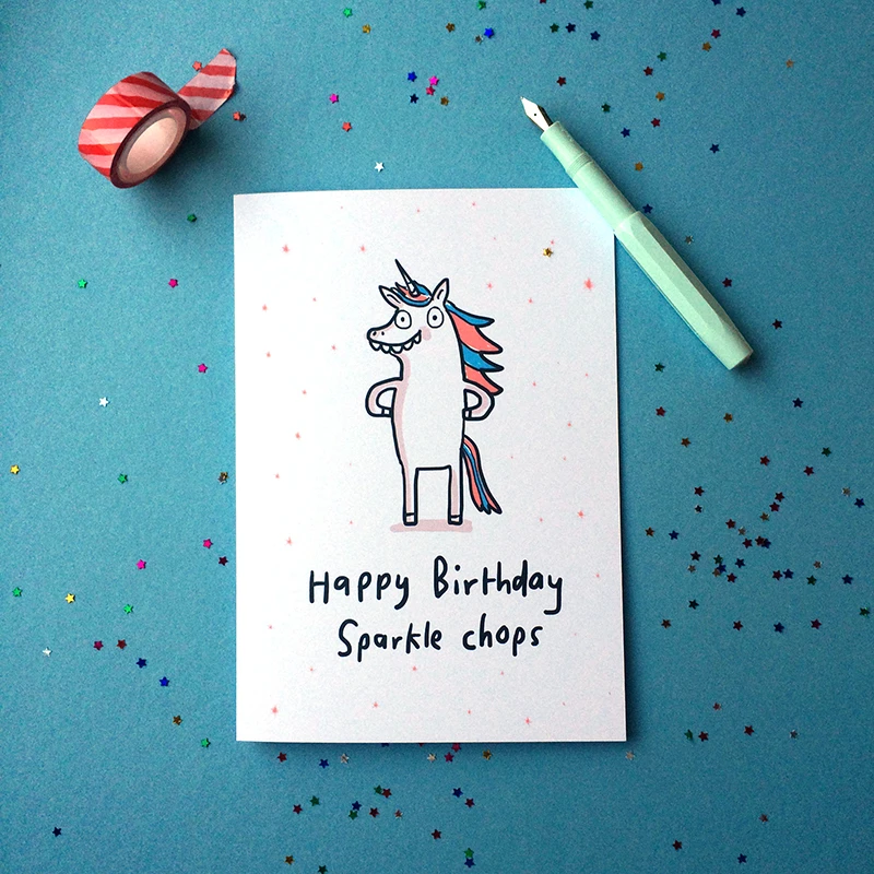 Sarah Ray Happy Birthday Sparkle chops. An illustration of a unicorn.