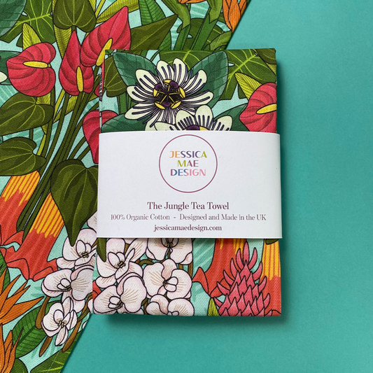 A stunning tropical floral tea towel, 100 percent cotton