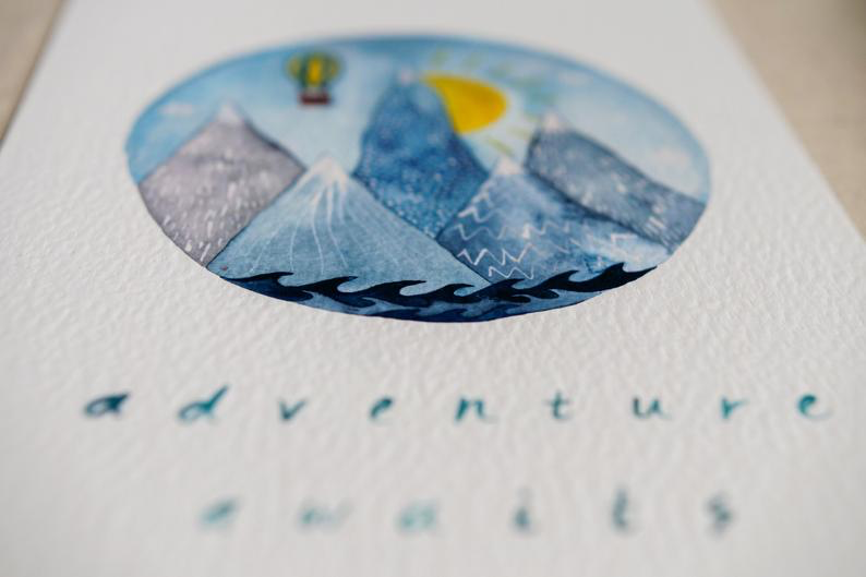 Hattie Buckwell, Adventure Awaits, a giclee print on watercolour fine art paper. Handmade in Bristol.