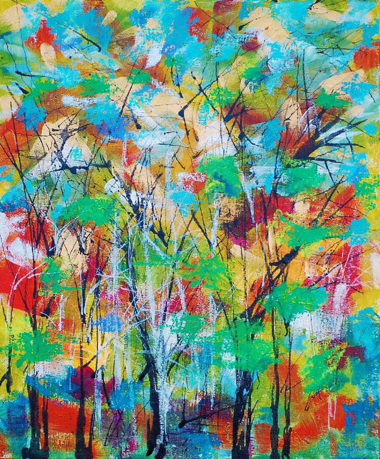 Viv Hunter Art Card. Colourful wood scene, print from original oil painting.
