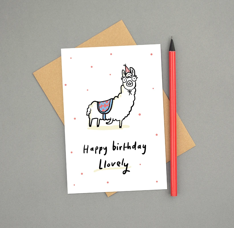 Sarah Ray Happy birthday Lovely card, illustration of a llama wearing a party hat.