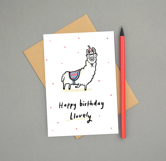 Sarah Ray Happy birthday Lovely card, illustration of a llama wearing a party hat.