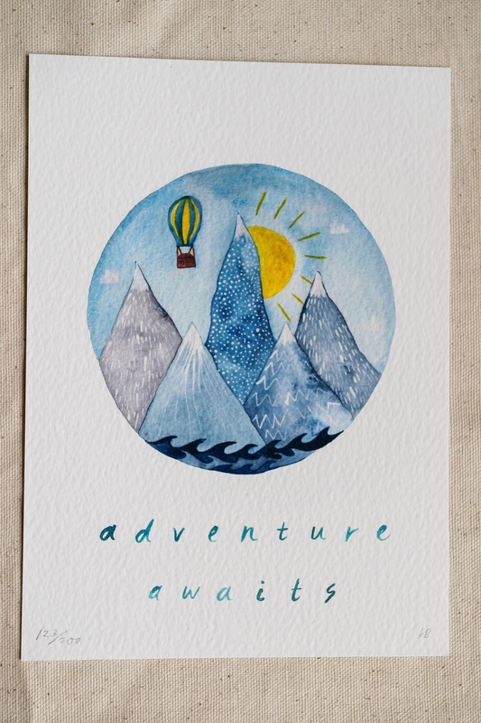 Hattie Buckwell, a giclee print on watercolour fine art paper. Adventure awaits. Handmade in Bristol