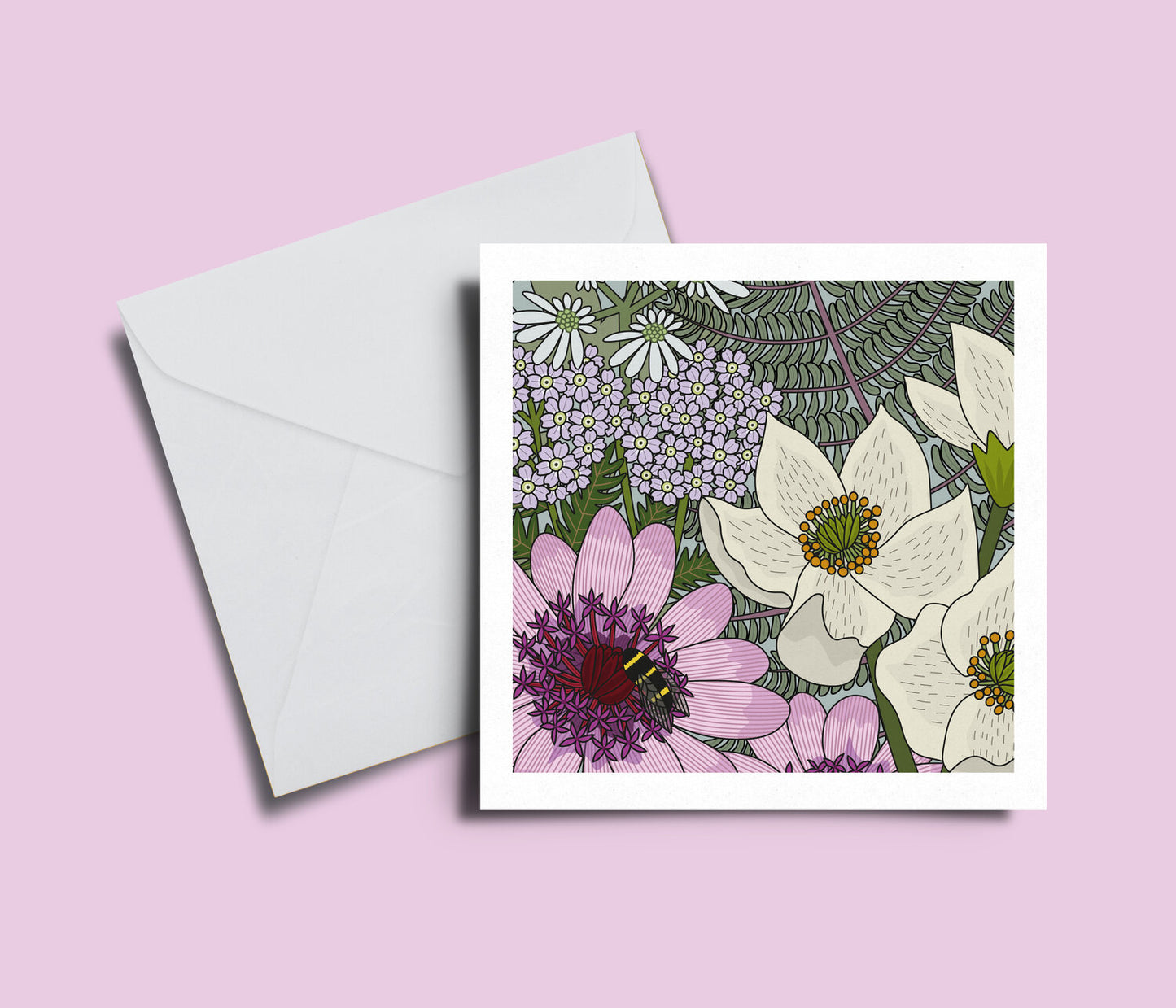 A card adorned with a digitally designed illustration of beautiful flowers, blank inside, 14 cm x 14cm.