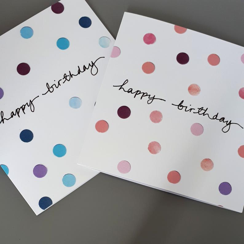 Little Red Apple. Dotty Birthday Card in blush pink colours.  Edit alt text