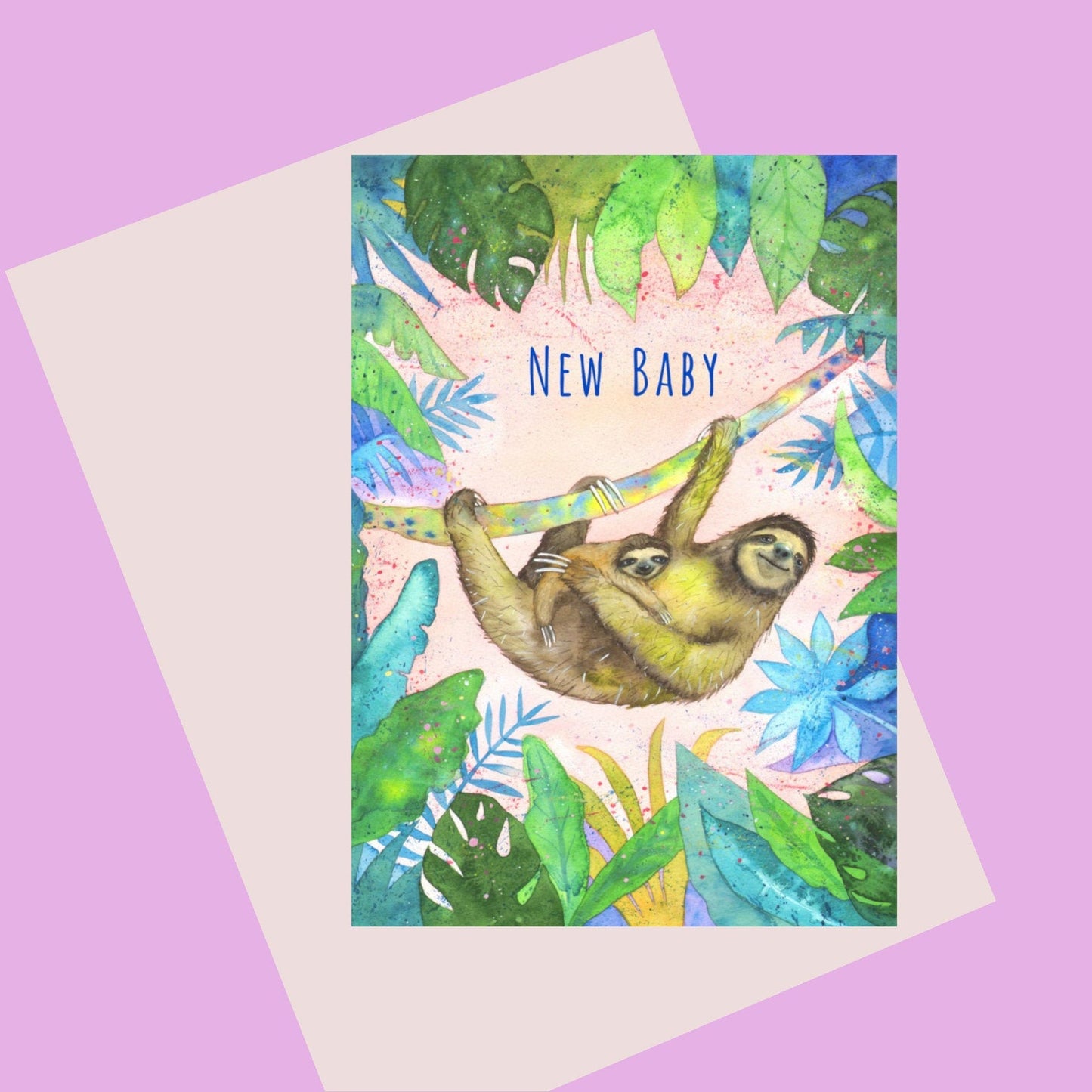New Baby Card. A lovely illustration of a mother and baby sloth, Text on card reads New Baby. Original painting by Laura Robertson a Bristol artists.